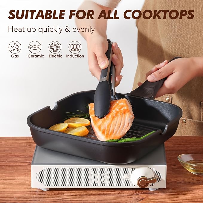 SENSARTE Nonstick Grill Pan for Stove Tops, Versatile Griddle with Pour Spouts, Square Big Cooking Surface, Durable Skillet Indoor & Outdoor Grilling. PFOA Free,12Inch