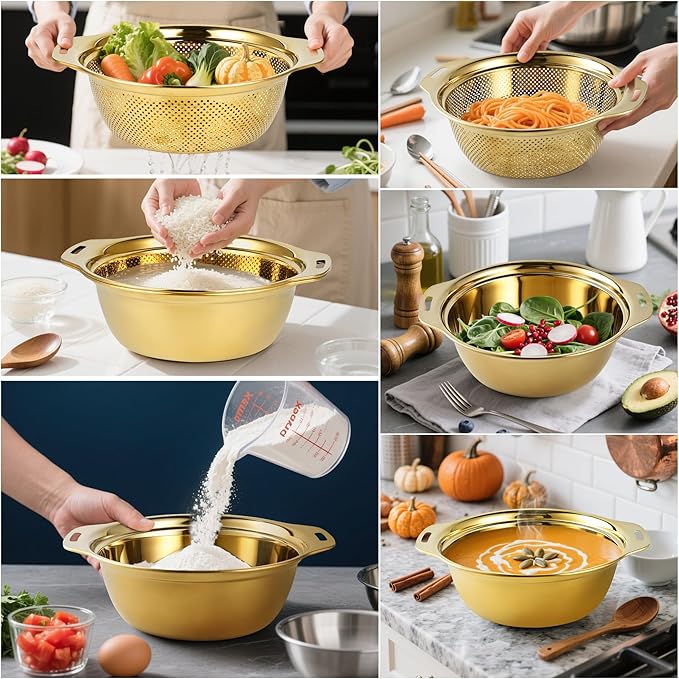 Gulex Colander Stainless Steel 5-quart with Bowls, Strainer Kitchen, Gold