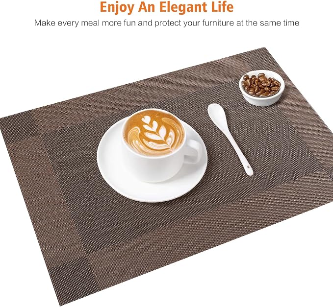 Brown Vinyl Placemats Set of 6,Washable Dining PVC Table Mats | Heat resistant, stain resistant non slip vinyl place mats, washable brown table placemats for dining table