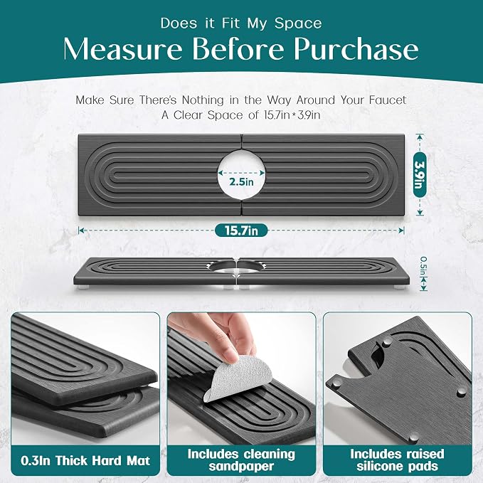 Kitchen Sink Faucet Mat - 15.7in Diatomite Sink Protectors for Kitchen Sink, Stone Sink Splash Guard for Kitchen Counter Sink Accessories (Dark Grey, 15.7'' x 3.9'')