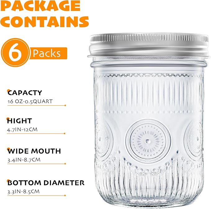 Amzcku 16 oz Vintage Mason Jars with Lids, Regular Mouth Canning Jar, Safe For Storage, Canning, Pickling, Preserving, Fermenting, DIY Crafts & Decor 6 Pack