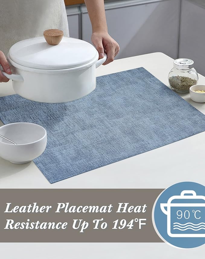 Leather Placemats Table Mats Set of 6, Denim Blue & Smoky Gray | Reversible Non-Slip Table Placemats, Heat-Resistant and Waterproof for Dining Kitchen and Holiday Parties