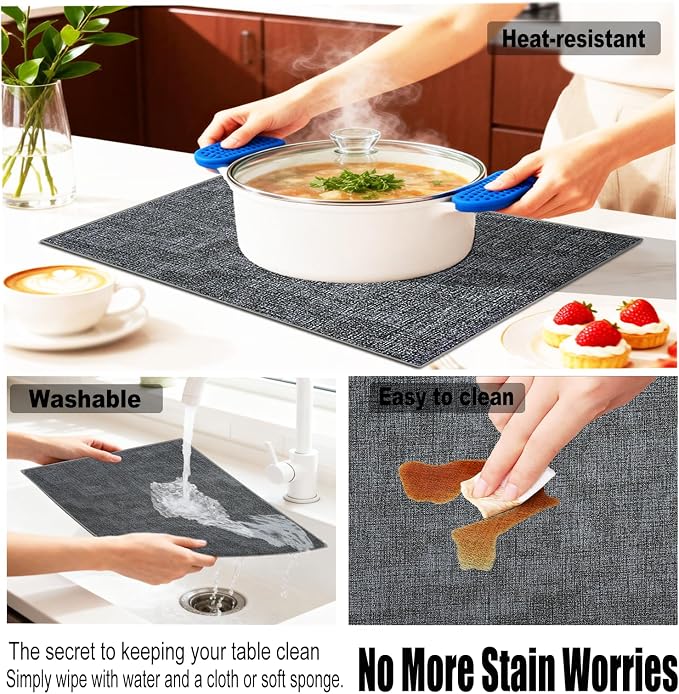 Faux Leather Placemats Set of 6, 11.8"x17.7", Dark Gray | Reversible Table Mats, Waterproof, Stain & Heat Resistant, Easy Clean for Dining, Gatherings, Outdoor
