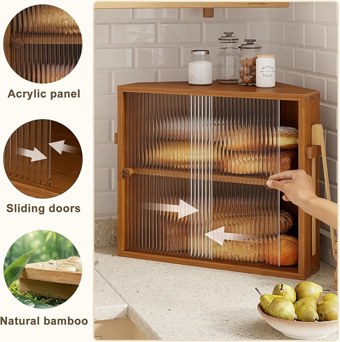 Corner Bread Box with Sliding Acrylic Doors, Double Layer Bread Bin | Bread Box for Kitchen Countertop, Bamboo Bread Storage Container, Large Capacity Vintage Farmhouse, Caramel, Meduim
