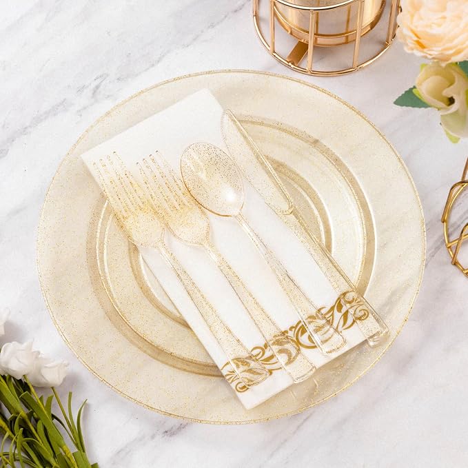 175 Pieces Gold Glitter Disposable Dinnerware Set for 25 Guests | Plastic Plates for Party, Include: 50 Gold Glitter Plastic Plates, 25 Paper Napkins, 25 Cups, 25 Gold Glitter Silverware Set