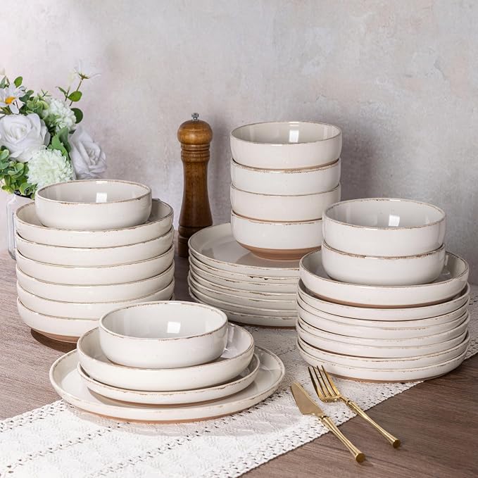 AmorArc Dinnerware Sets for 8, 32 Pieces Ceramic Plates and Bowls Set | Scratch Resistant Stoneware Dishes Set, Dishwasher & Microwave Safe, Light Beige