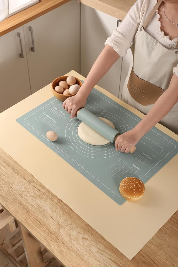 Premium Silicone Baking Mat with Rolling Pin - Non-Stick Silicone Mats for Baking, Reusable & Food Grade- Pastry Dough Mat with Measurement Non-Stick For Dough Rolling