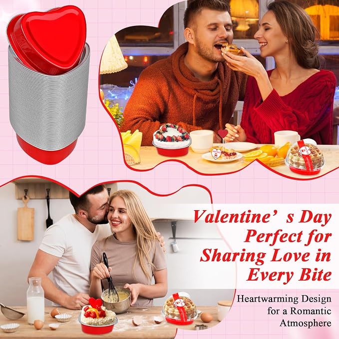 YQER 60 Pack Heart Shaped Cake Pans – 3.4oz Mini Aluminum Foil heart shape Cupcake pan with Lids, Spoons & Heart Stickers – Disposable Mothers Day Baking Tins Supplies for Gifts, Red