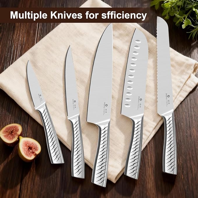 imarku 14-Piece Knife Set. Pro power, home ease | Self-sharpening builds skill. Razor-sharp high carbon steel. Grip boosts confidence. Steady, non-slip prep.
