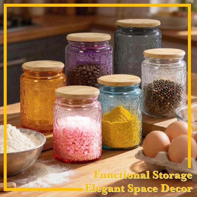 8 oz Decorative Small Glass Jars with Airtight Bamboo Lids, 6 Colors 6 Pack | Vintage embossed color coated containers, kitchen pantry bathroom organization & decor, spices, DIY gifts, candle making