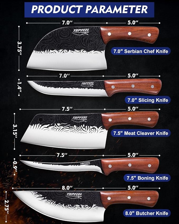 Topfeel 5PCS Hand-Forged Butcher Knife Set, High Carbon Steel | 7-inch chef and slicer, 7.5-inch cleaver and boning knives, 8-inch butcher knife, full-tang rosewood handles, gift box