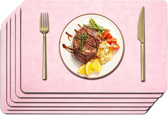 Maxpearl Faux Leather Placemats Set of 6, Easy to Clean, Light Pink | Waterproof - Heat Resistant - Non Slip - Wipe Clean Dining Table Place Mats, Suitable for Indoor & Outdoor Use, 17''×12''