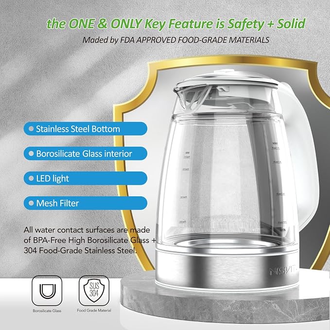 NISVITU 1.7L Dual Wall Cool Touch BPA-Free Electric Kettle, White | Glass Inner+PC Outer, 1500W Fast Boil Cordless Hot Water Boiler Electric Tea Kettle, Auto Shut-Off+Keep Warm