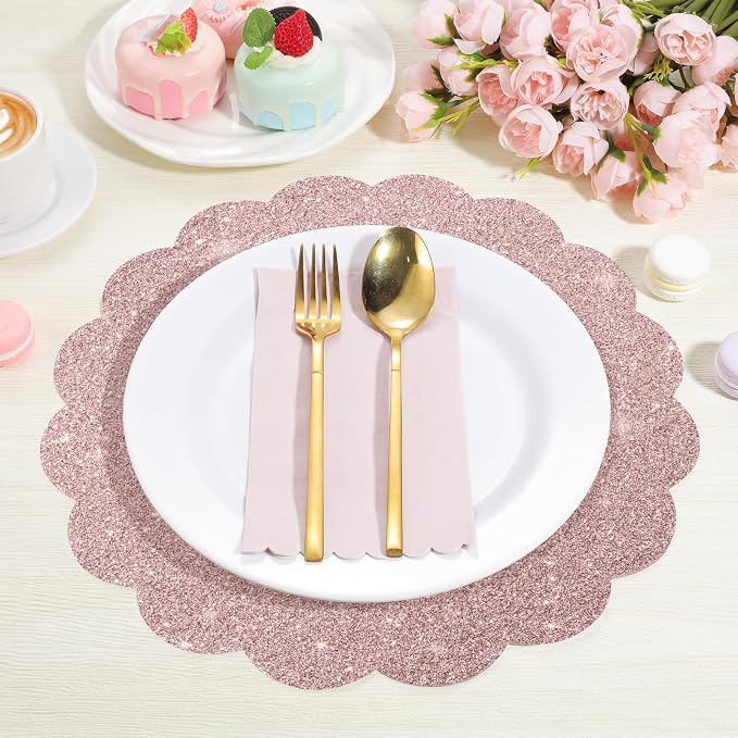 60Pcs Rose Gold Glitter Paper Placemats, Disposable Scalloped Placemat | 13.5 Inch Round Sparkle Table Place Mats Decorative Paper for Baby Shower Tea Garden Party Wedding Birthday Banquet