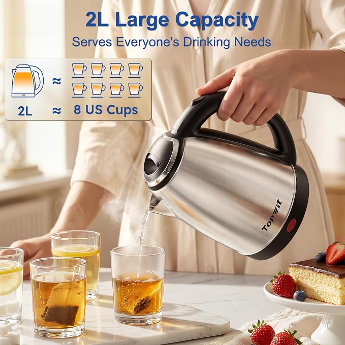 TOPWIT 2.0L Stainless Steel Electric Kettle, Rapid Boiling Hot Water Kettle | BPA-Free, No Plastic Contact, Electric Tea Kettle with Auto Shut-off and Boil-dry Protection for Home & Office