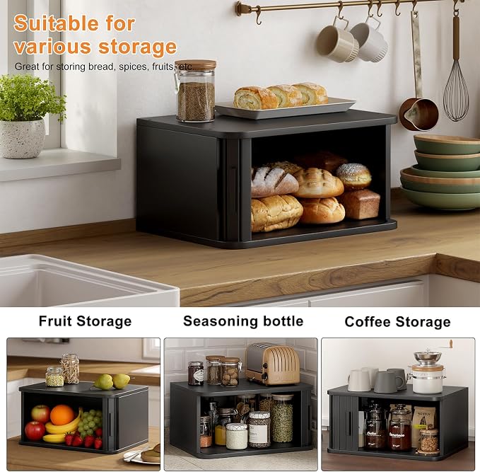 WOWLIVE Roll Top Bread Box for Kitchen Countertop, Bamboo Bread Storage | Airtight Bread Containers, Large Bread Bin with Sliding Door for Loaves, Bagels, Countertop Storage Cabinet, Black, Medium