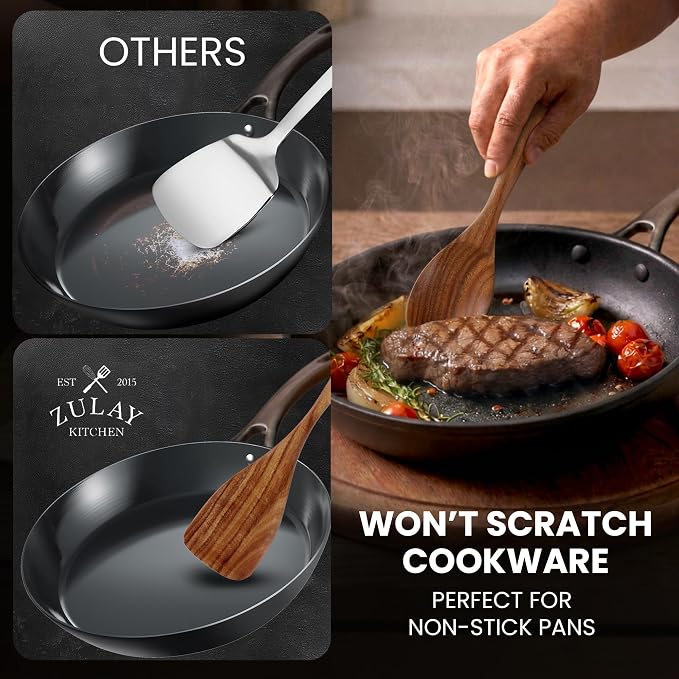 Zulay Kitchen Extra-Large 6-Piece Wooden Spoon Set - Smooth Teak Cooking Utensils - Comfort-Grip Non-Stick Turner, Spatula, Skimmer, Fork, Serving Spoon