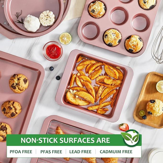 Bakeware Sets, Baking Pans Set, Nonstick Oven Pan for Kitchen with Wider Grips, 10-Piece Including Rack, Cookie Sheet, Cake Pans, Loaf Pan, Muffin Pan, Pizza Pan - Pink