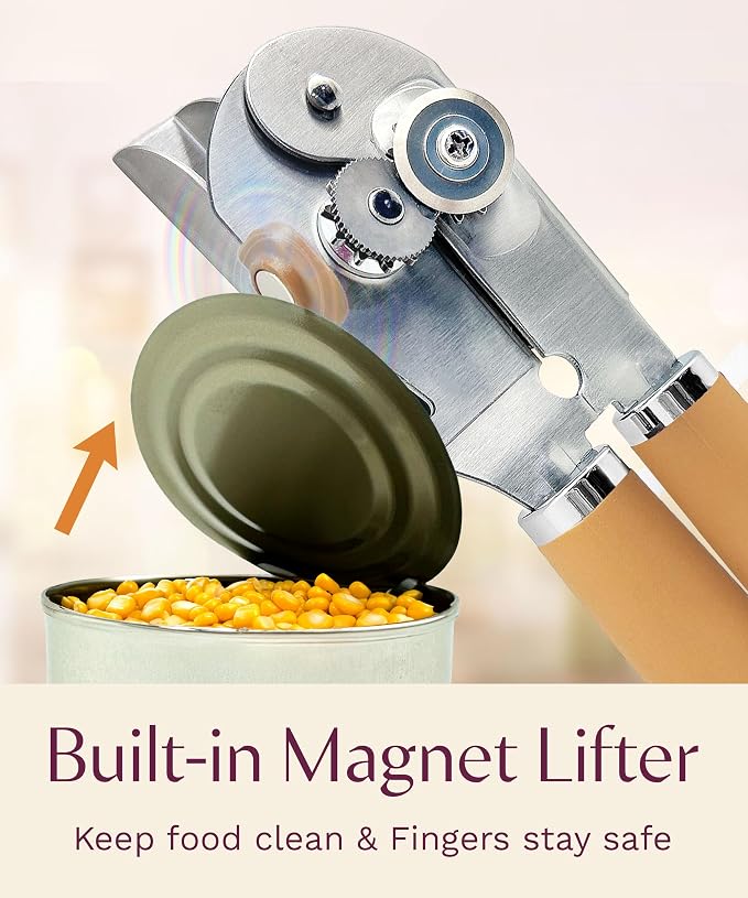 Heavy Duty Manual Can Opener with Magnetic Lid Lifter, Orange | Premium Stainless Steel Body, Sharp Cutting Blade, Oversized Easy-Turn Knob, Soft-Touch Handle, Bottle Opener, Kitchen Use