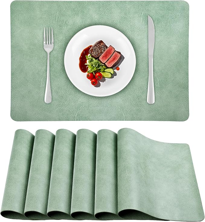 Faux Leather Placemats Set of 6 Heat Resistant Table Mats 17×12 Inch | Waterproof & Wipeable Place Mats Set of 6 Dual Sided Table Placemats for Kitchen Dining Indoor & Outdoor 43×30 CM Sage Green