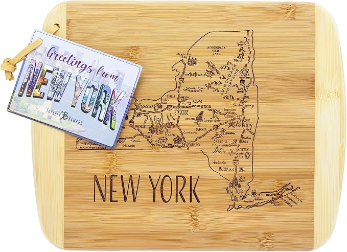 Totally Bamboo A Slice of Life New York Engraved Map Cutting Board | 11” x 8.75” charcuterie board with engraved state map artwork. Smooth reverse side for food prep. Hang tie for wall display.