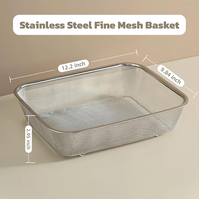 18/8 Stainless Steel Fine Mesh Strainer Basket with Feet, Rectangular Colander for Vegetables, Fruits, Pasta, Noodles – Rustproof, Durable & Easy to Clean (12.2 inch)