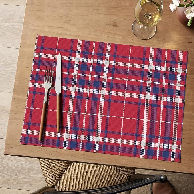 Artoid Mode Red Striped Check Memorial Day Vinyl Placemats Set of 4,Heat Resistant Non-Slip Woven Plastic PVC Place Mats for Party Kitchen Dining Decor