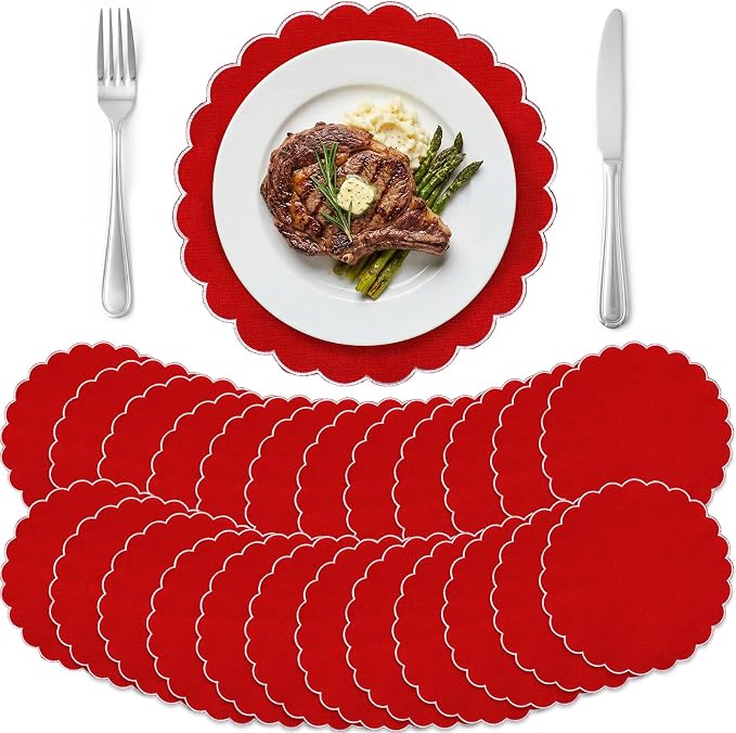 Set of 24 Red Cotton Placemats 15" Round Scalloped White | Double Layered Cotton Fabric, Washable Embroidery, White Edge Edge, Rustic Table Mats for Wedding Dining Table Decor