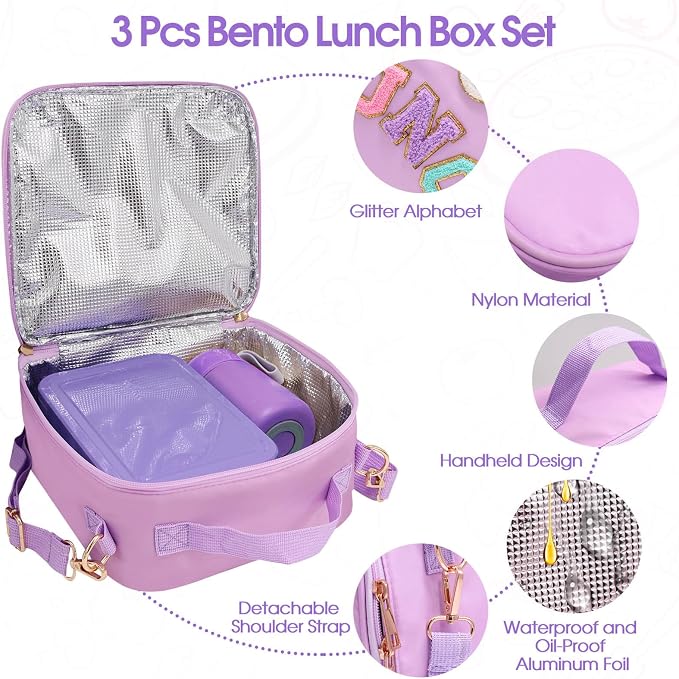 Preppy Lunch Box for Girls with 10oz Thermo, with 6 Compartment Bento Box, Purple Nylon Insulated Lunch Bag Adjustable Strap for Girl Kids Teens School Travel Picnic | Nylon Insulated Lunch Bag with Adjustable Strap, Ideal for Kids Teens School, Travel...