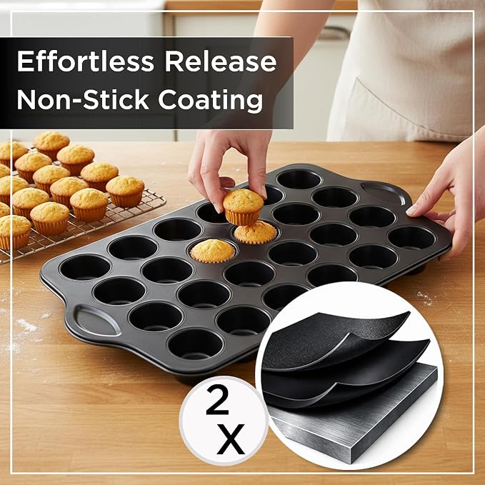 Wrenbury 24-Cup Mini Muffin Pan - PFOA-Free Non-Stick, Premium Carbon Steel | 1.8" Cups, Dishwasher Oven and Freezer Safe, Heavy Gauge