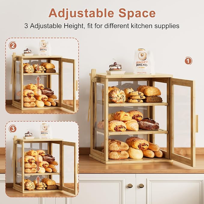 WOWLIVE Bread Box for Kitchen Countertop, 3 Layers Bread Storage Container | Large Bamboo Bread Bin for Homemade Bread with Window, Farmhouse Breadbox Organizer for Cabinet, Natural, Extra Large