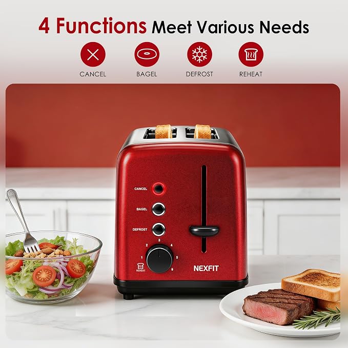 Toaster 2 Slice, Stainless Steel, 6 Shade Settings, 1.5" Extra Wide Slots | NEXFIT Retro Toaster with Bagel, Defrost, Reheat & Cancel Functions, 900W, Removable Crumb Tray, High Lift, Cord Wrap, Red