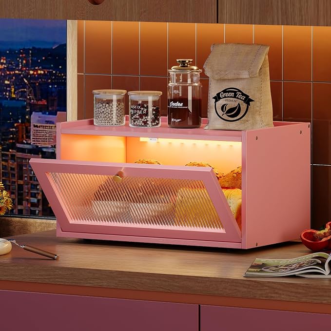 Trironsun Bamboo Bread Box with Led Light for Kitchen Counter Large Capacity Bread Storage Container Kitchen Countertop Organizer with Window Bread Holder (Pink)