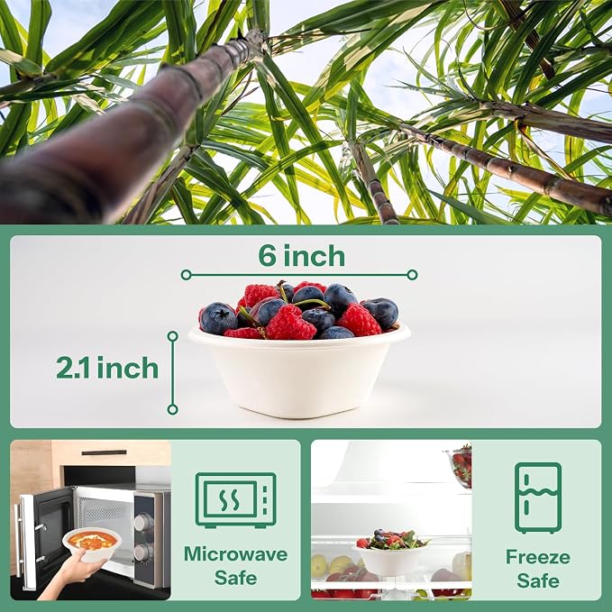Disposable Bowls 16 Oz [50 Pack] - Heavy Duty Paper Bowls, Sugarcane Fiber Compostable Bowls for Ice Cream, Snacks, Desserts, Microwave Safe BPA-Free Eco Dinnerware (White)