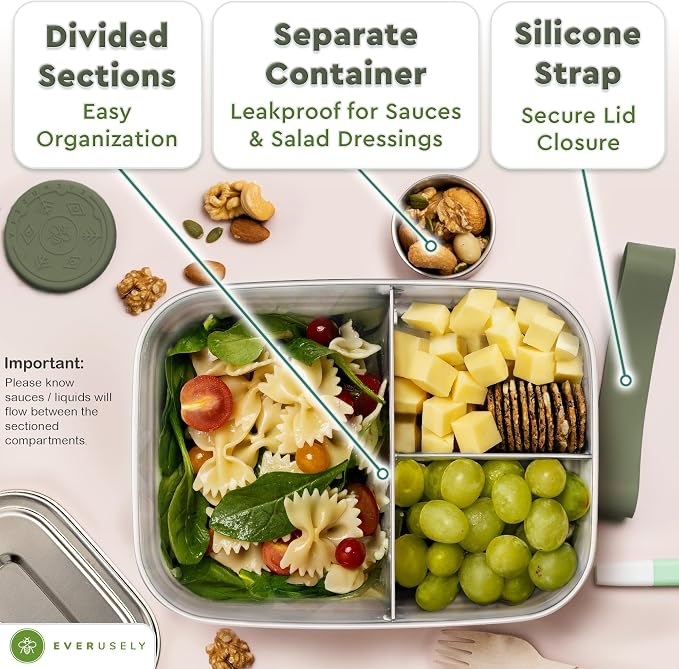 Stainless Steel Bento Box + Condiment Container - Sage, 60oz / 1.8 L | Everusely extra large metal lunch box, leakproof sauce container, 3 compartment snack organizer, freezer & dishwasher safe