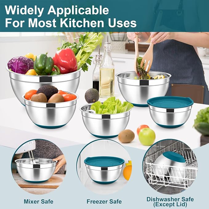 TeamFar Mixing Bowls, Stainless Steel Salad Bowl with Lid & Graters -Blue | 6 PCS for Kitchen Baking Serving Prepping, Container for Dough Veggie Fruit, Non-Slip & Nesting, 4.6 /3.5 /2 /1.5 /1 /0.7 QT