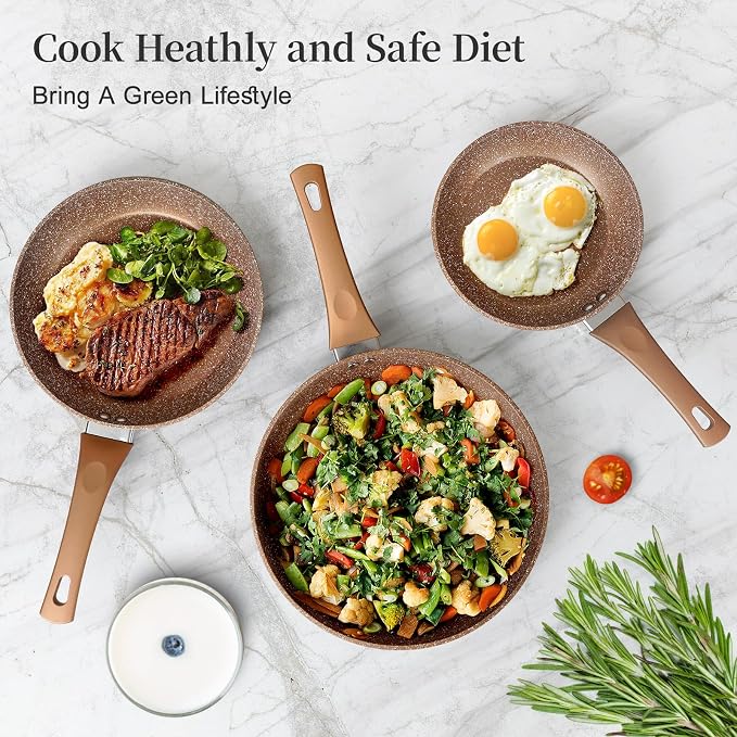 Innerwell Nonstick Ceramic Frying Pans Skillets Set 8"+9.5"+11" | No Toxic Egg Omelette Frying Pan Set, All Stove Compatible, Healthy Granite Induction Cooking Pan, PFOA & PFAS Free