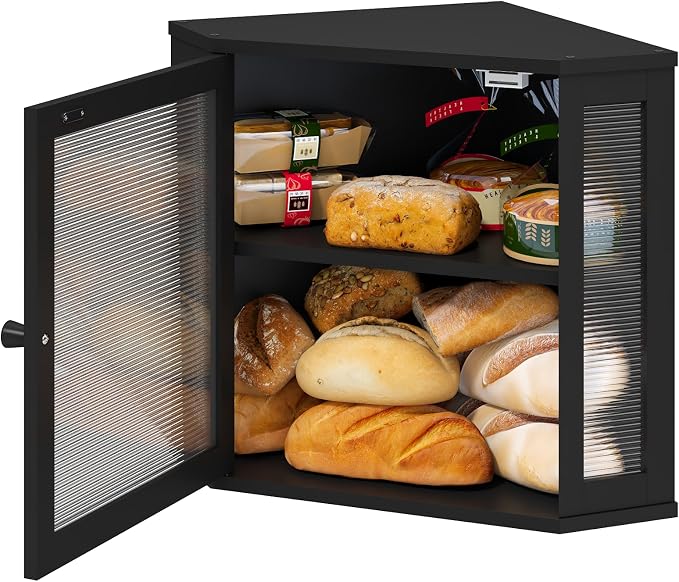 viewcare Corner Bread Box for Kitchen Counter, Bamboo Wood Black Bread Box, Large Capacity Bread Storage Bin with Acrylic Wavy Door Panel (Black, Meduim)