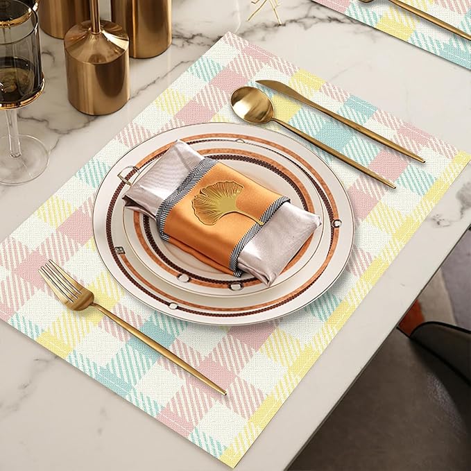 Buffalo Plaid Blue Pink Yellow Spring Easter Placemats Set of 6, 12x18 Inch Table Mats Easter Decor for Holiday Party Kitchen Dining Room Decoration