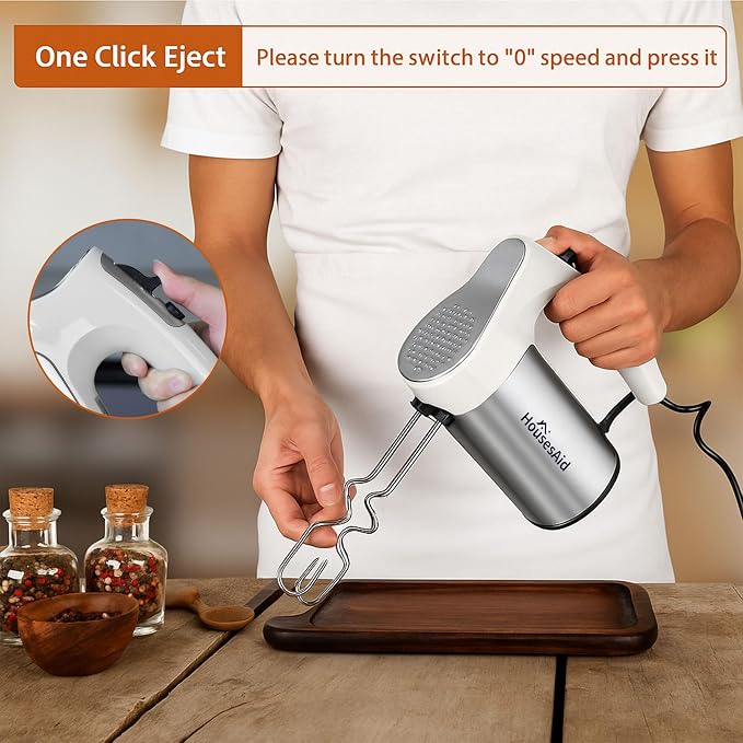 200W Hand Mixer, Lightweight Electric Mixer with Turbo Function, 5-Speed Handheld Mixer for Whipping, Folding, and Dough Kneading, Compact Storage with Attachments (white)