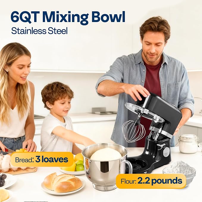 VIVOHOME Stand Mixer with Dough Proofing, 6-Quart Tilt-Head Mixer, Black | One-Touch Programs, Adjustable Temperature & Time, Flex Edge Beater, Dough Hook, Whisk, Stainless Steel Bowl, Splash Guard
