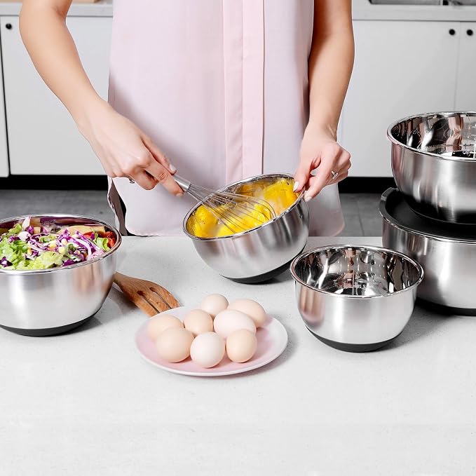 Wildone Mixing Bowls with Lids Set, Stainless Steel Mixing Bowls Set of 5 | Large Prep Metal Bowl Set with Non-slip Bottoms, Size 8, 5, 3, 2, 1.5 QT, Airtight Lids, Thicker Stainless Steel