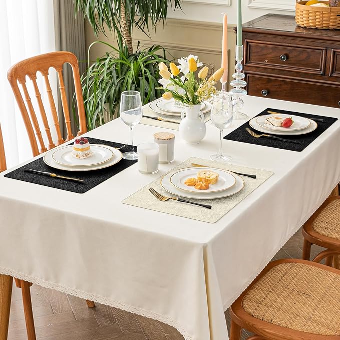 Romanstile Vinyl Placemats Set of 8, Reversible Faux Leather Heat Resistant Wipeable Table Mats, Waterproof Washable Non-Slip Table Placemats for Dining/Kitchen/Party/Outdoor (Black Beige, 12" x 17")