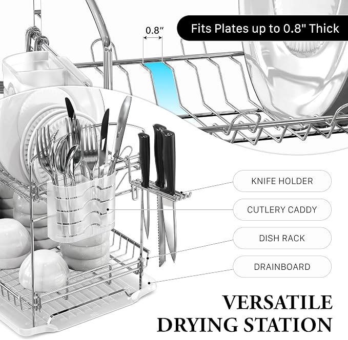 Simple Houseware 2-Tier Stainless Steel Dish Rack with Drainboard, Chrome