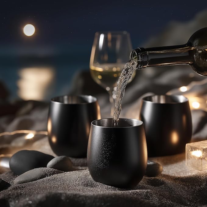 K&K Home Stainless Steel Unbreakable Stemless Wine Glasses - 15 oz - Set of 4 Colored, Stemless Metal Wine Glasses Perfect for Outdoors, Weddings, and Parties (Black)