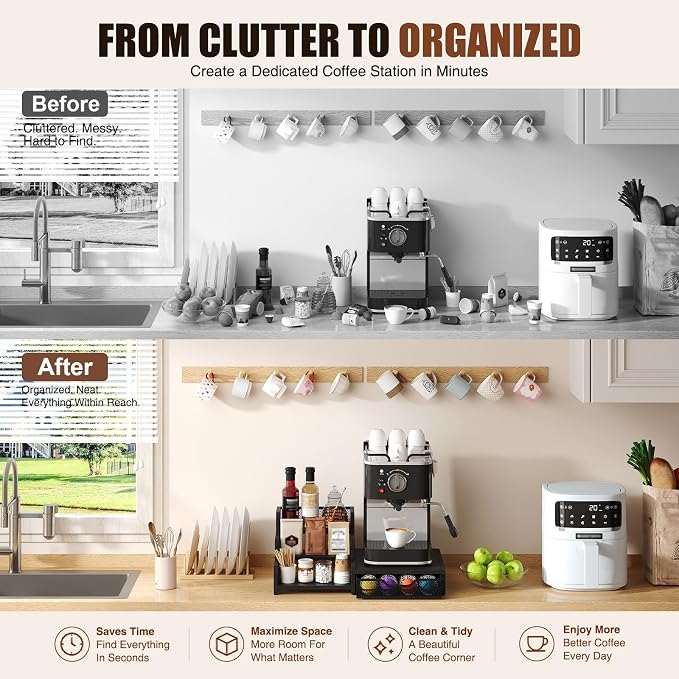 Coffee Station Organizer Compatible with Nespresso Vertuo Pods, Holds 48 Small or 32 Large Pods, 3-Tier Coffee Bar Organizer with K-Cup Holder, Coffee Pod Drawer & Syrup Cups Rack for Accessories