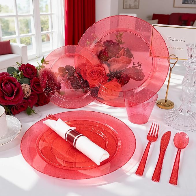 DaYammi 210PCS Red Glitter Plastic Dinnerware Set for 30 Guests, Fancy Disposable Plates for Party, Include: 30 Dinner Plates, 30 Dessert Plates, 30 Pre Rolled Napkins with Red Silverware, 30 Cups