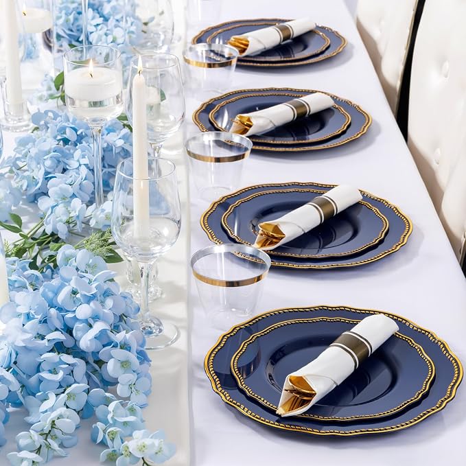 175 Pcs Blue Gold Plastic Plates Wedding & Party | Gold Plastic Dinnerware Set Includes 25 Dinner Plates, 25 Dessert Dinnerware, 25 Cups, 25 Napkins Perfect