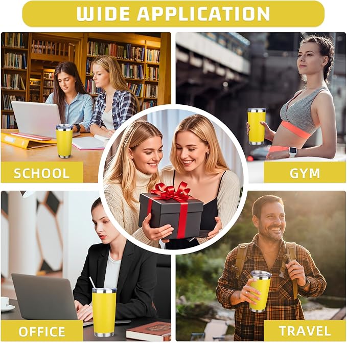 20 oz Tumbler with Lids and Straws, Stainless Steel Insulated Travel Coffee Mug, Double Wall Vacuum Insulated Tumblers, Powder Coated Coffee Tumbler for Cold & Hot Drinks (Yellow, 6 Pack)