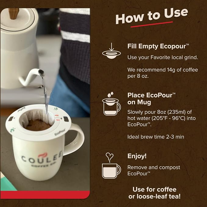 EcoPour All Paper Single-Serve Coffee Filters, Empty, 50 Pack | Use with Coulee Swirl machine or with most mugs. Coffee or loose leaf tea; portable for camping & travel; eco-friendly.